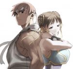  1boy 1girl alternate_costume artist_request asian back-to-back back_to_back bare_shoulders bracelet brown_eyes brown_hair chun-li double_bun dougi female hair_ribbon hairbuns headband height_difference jewelry male muscle ribbon ryuu_(street_fighter) shadow short_hair simple_background sleeveless sleeves_removed smile street_fighter street_fighter_zero_(series) studded_bracelet together white_background white_headband 