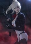  1girl blue_eyes breasts choker cleavage cropped_jacket fingerless_gloves gloves gun handgun indoors leotard lips long_hair looking_to_the_side magazine_(weapon) medium_breasts motion_blur original ponytail raikoart science_fiction signature smile solo spy tess_(raikoart) weapon 