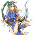  1girl arrow blue_eyes bow_(weapon) fire_emblem fire_emblem:_rekka_no_ken fire_emblem_heroes fur_collar green_hair highres holding holding_bow_(weapon) holding_weapon looking_at_viewer lyndis_(fire_emblem) ponytail quiver smile solo weapon 
