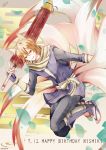  1boy animal_ears artist_name atoatto character_name dated fingerless_gloves fire_emblem fire_emblem_if fox_ears fox_tail gloves happy_birthday japanese_clothes kyuubi male_focus multiple_tails nishiki_(fire_emblem_if) open_mouth orange_eyes orange_hair oriental_umbrella sandals scarf solo tail umbrella 
