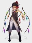  1girl alternate_costume black_footwear black_hat blonde_hair boots eisuto flandre_scarlet full_body gloves grey_background hat long_hair pants red_eyes simple_background solo standing touhou white_gloves white_pants wings 