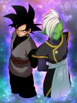  2boys arms_behind_back back-to-back black_eyes black_hair dougi dragon_ball dragon_ball_super earrings egyptian_clothes gokuu_black green_skin grey_eyes jewelry long_sleeves looking_at_viewer male_focus mohawk multiple_boys official_style petagon pointy_ears short_hair smile spiky_hair star starry_background white_hair zamasu 