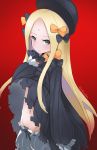  1girl abigail_williams_(fate/grand_order) bangs black_bow black_dress black_hat blonde_hair bloomers blue_eyes bow butterfly closed_mouth commentary_request dress dress_lift eyebrows_visible_through_hair fate/grand_order fate_(series) forehead groin hair_bow hat lifted_by_self long_sleeves looking_at_viewer naik navel orange_bow parted_bangs polka_dot polka_dot_bow red_background sleeves_past_wrists solo sweat twitter_username underwear v-shaped_eyebrows wavy_mouth white_bloomers 