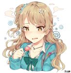 1girl @_@ alternate_costume alternate_hairstyle bangs blue_nails blush bow bowtie brown_hair candy cardigan collarbone collared_shirt cropped_torso ear_piercing earrings eyebrows_visible_through_hair fingernails food green_neckwear hair_ornament hair_scrunchie hairclip holding idolmaster idolmaster_cinderella_girls jewelry lollipop long_hair morikubo_nono nail_polish necklace nose_blush one_side_up parted_lips piercing scrunchie shirt signature solo sweatdrop tears tuxedo_de_cat upper_body wavy_mouth wing_collar
