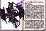  1girl black_hair blush bodysuit breasts character_profile claws covered_mouth demon_girl horns kenkou_cross large_breasts monster_girl monster_girl_encyclopedia multicolored_hair night_gaunts_(monster_girl_encyclopedia) pale_skin purple_bodysuit solo succubus tail taut_clothes tentacle translation_request violet_eyes wings 