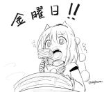  1girl animal_ears blush drooling dutch_angle eyebrows_visible_through_hair food fork from_below greyscale hat inubashiri_momiji monochrome nose_blush open_mouth pancake pom_pom_(clothes) sparkling_eyes taurine_8000mg teeth tokin_hat touhou translation_request twitter_username wolf_ears 