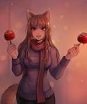  1girl absurdres animal_ears bangs black_pants blush brown_hair candy_apple cowboy_shot food highres holding holo huge_filesize long_hair long_sleeves looking_at_viewer matilda_vin pants parted_lips patreon_username pink_lips purple_sweater red_eyes red_scarf scarf smile solo spice_and_wolf standing tail wolf_ears wolf_tail 
