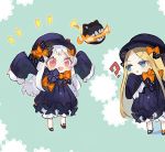  2girls :d :o abigail_williams_(fate/grand_order) abigail_williams_(fate/grand_order)_(cosplay) arms_up atsumi_jun bangs black_bow black_dress black_hat blonde_hair bloomers blue_eyes bow butterfly commentary_request cosplay dress enemy_aircraft_(kantai_collection) eyebrows_visible_through_hair fate/grand_order fate_(series) forehead hair_bow hat kantai_collection long_hair long_sleeves looking_at_viewer multiple_girls northern_ocean_hime open_mouth orange_bow parted_bangs parted_lips pink_eyes polka_dot polka_dot_bow shinkaisei-kan sleeves_past_wrists smile underwear v-shaped_eyebrows very_long_hair white_bloomers white_hair 