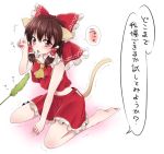  1girl animal_ears bare_legs bow brown_hair cat_ears cat_tail hair_bow hair_tubes hakurei_reimu haruki_(colorful_macaron) paw_pose red_eyes sitting skirt skirt_set solo tail tears touhou wariza 