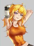  1girl ahoge armpits arms_up blonde_hair blush breasts collarbone commentary_request don_(rg06268) erect_nipples grey_background highres large_breasts long_hair looking_at_viewer mechanical_arm midriff navel open_mouth orange_tank_top prosthesis rwby shiny shiny_hair shiny_skin shirt simple_background smile solo sweat tank_top taut_clothes taut_shirt teeth upper_body violet_eyes wavy_hair yang_xiao_long 