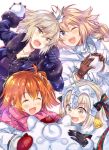  4girls :d ;d ^_^ ahoge bangs bell black_gloves black_shirt blonde_hair blush bow braid brown_gloves closed_eyes collarbone commentary_request elbow_gloves eyebrows_visible_through_hair fate/grand_order fate_(series) fou_(fate/grand_order) fujimaru_ritsuka_(female) fur-trimmed_capelet fur-trimmed_sleeves fur_collar fur_trim gloves green_bow hair_between_eyes hair_bow hair_ornament hair_scrunchie headpiece highres jacket jeanne_d&#039;arc_(alter)_(fate) jeanne_d&#039;arc_(fate) jeanne_d&#039;arc_(fate)_(all) jeanne_d&#039;arc_alter_santa_lily jewelry light_brown_hair long_hair long_sleeves mittens multiple_girls necklace one_eye_closed one_side_up open_mouth orange_hair pink_scarf purple_coat red_mittens ribbon scarf scrunchie shirt single_braid smile snow_sculpture snowball snowball_fight snowing striped striped_bow striped_ribbon takitarou v-shaped_eyebrows white_background white_capelet white_coat white_jacket yellow_eyes yellow_scrunchie 