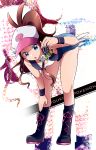  1girl :o baseball_cap bent_over blue_eyes boots breasts brown_hair denim denim_shorts full_body hat keychain mimo_(amimo0805) oshawott pokemon pokemon_(game) pokemon_bw ponytail shorts smile snivy tank_top tepig touko_(pokemon) vest wristband 