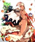  1girl altera_the_santa apple ass bangs bell bikini blush boots box brown_eyes card christmas_ornaments christmas_tree commentary_request dark_skin eyebrows_visible_through_hair fate/grand_order fate_(series) food fruit gift gift_box highres holding knee_boots looking_at_viewer looking_back parted_lips red_bikini red_choker red_footwear riding shawl sheep short_hair solo star swimsuit venomrobo white_background white_hair 