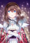  1girl :d angel_wings black_hair blue_eyes blush book breasts hairband highres holding holding_book idolmaster idolmaster_cinderella_girls jewelry large_breasts long_hair looking_at_viewer necklace open_mouth outdoors ribbed_sweater sagisawa_fumika shawl smile snow sweater tree wings zinczinc_ka 