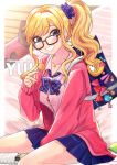 1girl bespectacled blonde_hair blue_eyes blurry bra breasts depth_of_field eyebrows_visible_through_hair glasses highres idolmaster idolmaster_cinderella_girls jewelry long_hair medium_breasts necklace ootsuki_yui ponytail scan smile solo tomato_omurice_melon underwear wavy_hair 
