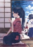  4girls architecture black_hair clouds doorway east_asian_architecture hakama hakama_skirt high_ponytail houshou_(kantai_collection) indoors japanese_clothes jewelry kaga_(kantai_collection) kantai_collection karomura kimono long_hair multiple_girls ponytail ring ryuujou_(kantai_collection) seiza side_ponytail sitting sky tasuki twintails wedding_band white_legwear 