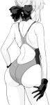  1girl arm_at_side artoria_pendragon_(all) ass back back_cutout bare_arms bare_shoulders bow braid competition_swimsuit cowboy_shot facing_away fate/stay_night fate_(series) from_behind gloves greyscale hair_bow hand_on_hip harukon_(halcon) monochrome one-piece_swimsuit saber short_hair simple_background solo standing swimsuit thighs white_background 