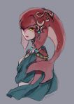  1girl fins fish_girl hair_ornament jewelry long_hair looking_at_viewer mipha monster_girl multicolored multicolored_skin no_eyebrows red_skin redhead smile solo the_legend_of_zelda the_legend_of_zelda:_breath_of_the_wild yellow_eyes zora 
