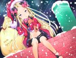  abigail_williams_(fate/grand_order) adapted_costume ankle_lace-up bell black_bow black_shorts blonde_hair blue_eyes blush bow brick_wall butterfly chimney commentary_request cross-laced_footwear dated diagonal_stripes dress falling_star fate/grand_order fate_(series) forehead fur-trimmed_hat fur-trimmed_sleeves fur_trim hair_bow hat highres jingle_bell lace-trimmed_shorts lace_trim long_hair long_sleeves looking_at_viewer merry_christmas navel nololinolife object_hug open_fly parted_lips pink_bow pink_footwear polka_dot polka_dot_bow purple_bow purple_dress purple_hat sack santa_hat short_shorts shorts signature sitting sleeves_past_wrists snow snowing stuffed_animal stuffed_toy teddy_bear very_long_hair 