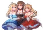  3girls ahoge alternate_costume arm_around_shoulder arms_around_waist bangs bare_shoulders blonde_hair blue_eyes blush bow breasts brown_eyes brown_hair choker cleavage closed_mouth coat collarbone double-breasted double_bun dress eyebrows_visible_through_hair girls_frontline green_eyes hair_between_eyes hair_bow hair_ornament hairband hairclip hanato_(seonoaiko) jewelry k-2_(girls_frontline) large_breasts long_hair looking_at_viewer medium_breasts multiple_girls navel open_clothes open_coat open_mouth ponytail rfb_(girls_frontline) ribbon sidelocks silver_hair simple_background skirt smile snowflake_hair_ornament sparkle suomi_kp31_(girls_frontline) swimsuit thigh-highs thighs v very_long_hair white_legwear 