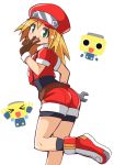  1girl :d alice360 ass bike_shorts blonde_hair blush brown_gloves cabbie_hat crop_top gloves green_eyes hat highres long_hair looking_at_viewer looking_back open_mouth red_shorts rockman rockman_dash roll_caskett shoes short_shorts shorts shorts_under_shorts smile solo v 