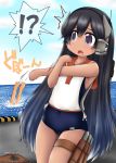  !? 1girl black_eyes black_hair commentary_request headgear i-400_(kantai_collection) inugami-ke_no_ichizoku_pose kantai_collection long_hair open_mouth orange_sailor_collar ouno_(nounai_disintegration) sailor_collar sailor_shirt school_swimsuit shirt sleeveless sleeveless_shirt solo stretch swimsuit swimsuit_under_clothes tan 