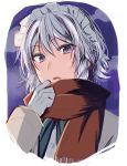  1girl asa_(coco) blue_eyes braid commentary_request gloves izayoi_sakuya long_sleeves looking_at_viewer maid_headdress parted_lips red_scarf scarf short_hair silver_hair single_braid touhou upper_body white_gloves 