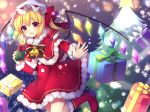  1girl alternate_costume bell blonde_hair boots bow box capelet christmas christmas_tree commentary_request flandre_scarlet gift gift_box hat hat_bow holding long_sleeves looking_at_viewer mob_cap open_mouth red_bow red_eyes red_footwear ruhika short_hair smile solo touhou wings 
