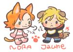  1boy 1girl animal_ears blonde_hair blue_eyes blush_stickers cat_ears cat_girl character_name dog_ears dogboy green_eyes hood hoodie jaune_arc kemonomimi_mode nora_valkyrie orange_hair paws rwby skirt 