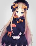  1girl abigail_williams_(fate/grand_order) amu_(mokopopo) bangs black_bow black_dress black_hat blonde_hair bloomers blue_eyes bow butterfly closed_mouth commentary_request dress eyebrows_visible_through_hair fate/grand_order fate_(series) forehead grey_background hair_bow hat highres long_hair long_sleeves looking_at_viewer object_hug orange_bow parted_bangs polka_dot polka_dot_bow sleeves_past_wrists smile solo stuffed_animal stuffed_toy teddy_bear underwear very_long_hair white_bloomers 