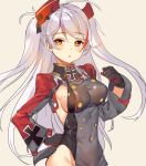  1girl azur_lane blush breasts covered_navel long_hair looking_at_viewer medium_breasts parted_lips prinz_eugen_(azur_lane) red_eyes shovelwell sideboob silver_hair solo 
