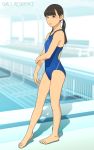  1girl barefoot black_eyes black_hair breasts competition_swimsuit highres looking_at_viewer one-piece_swimsuit ponytail pool poolside shinchou_ni_kansuru_kousatsu silhouette small_breasts solo swimsuit twintails 