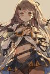  1girl bridal_gauntlets brown_eyes brown_hair cowboy_shot girls_frontline hair_ornament hairclip hands_on_own_chest hands_together highres k-2_(girls_frontline) long_hair looking_at_viewer minncn navel off_shoulder 