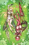  2girls armor athenawyrm blonde_hair breasts dress dual_persona field fingerless_gloves full_body gloves mythra_(xenoblade) pyra_(xenoblade) large_breasts long_hair looking_at_viewer multiple_girls red_eyes redhead short_hair smile sword weapon xenoblade xenoblade_2 yellow_eyes 