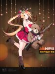  1girl animal_ears antlers bare_legs bare_shoulders bell black_footwear black_gloves blonde_hair blush boots breasts character_name christmas copyright_name detached_collar doughnut doughnut_hair_ornament dress food food_themed_hair_ornament from_side full_body fur_trim girls_frontline gloves grey_eyes gun hair_ornament high_heel_boots high_heels holding holding_gun holding_weapon jingle_bell large_breasts leg_warmers long_hair looking_at_viewer m1918_bar m1918_bar_(girls_frontline) machine_gun merry_christmas object_hug official_art open_mouth red_dress reindeer_ears short_dress sidelocks solo standing standing_on_one_leg stuffed_animal stuffed_toy suisai teddy_bear very_long_hair weapon 