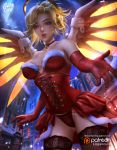 1girl alternate_costume bell bell_collar blonde_hair blue_eyes breasts brown_legwear building christmas cleavage collar commentary corset dress elbow_gloves from_below fur-trim gloves glowing glowing_wings highres large_breasts logan_cure looking_at_viewer mechanical_halo mercy_(overwatch) night nose outdoors outstretched_hand overwatch parted_lips patreon_logo pink_lips red_dress red_gloves snowing solo spread_wings thigh-highs town watermark web_address wings yellow_wings 