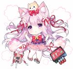  1girl :o animal animal_ears animal_on_head azur_lane bell bow bowtie brown_footwear cat_ears cat_girl cat_tail chinese_clothes commentary_request dango floral_print flower food hair_flower hair_ornament hair_ribbon hands_up japanese_clothes jingle_bell kagami_mochi kimono kisaragi_(azur_lane) long_hair long_sleeves looking_at_viewer lowres on_head pantyhose parted_lips pink_hair pink_kimono pink_skirt print_kimono red_neckwear red_ribbon ribbon sanshoku_dango short_kimono skirt solo tabi tail tengxiang_lingnai very_long_hair violet_eyes wagashi white_background white_legwear wide_sleeves zouri 