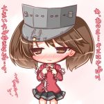  1girl bangs black_skirt blush brown_eyes brown_hair collared_shirt cowboy_shot eyebrows_visible_through_hair fingers_together japanese_clothes kantai_collection kariginu komakoma_(magicaltale) long_sleeves looking_away looking_to_the_side magatama nose_blush parted_lips pink_background pleated_skirt ryuujou_(kantai_collection) shirt simple_background skirt solo tears translation_request twintails visor_cap white_shirt 