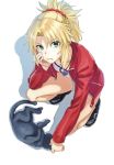  braid cat denim denim_shorts fate/apocrypha fate_(series) french_braid green_eyes hair_ornament hair_scrunchie highres jacket jewelry mordred_(fate) mordred_(fate)_(all) pendant ponytail red_jacket scrunchie shorts squatting tuchinokoeffect 