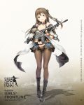  1girl anmi assault_rifle bangs bare_shoulders black_panties blush boots breasts brown_eyes brown_hair character_name cleavage collarbone copyright_name cross-laced_footwear daewoo_k2 eyebrows_visible_through_hair fingerless_gloves full_body girls_frontline gloves gun hair_ornament hairclip highres holding jacket k-2_(girls_frontline) knee_boots korean lace-up_boots logo long_hair looking_at_viewer medium_breasts navel official_art open_mouth panties pantyhose rifle shadow smile solo standing underwear watermark weapon web_address 
