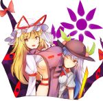  2girls antinomy_of_common_flowers blonde_hair blue_hair bow bowtie breasts commentary_request fan gap hat hat_ribbon highres hinanawi_tenshi large_breasts long_hair looking_at_viewer mob_cap multiple_girls no_bra one_eye_closed red_bow red_eyes red_neckwear red_ribbon ribbon sideboob small_breasts smile tabard touhou uchisukui white_background white_hat yakumo_yukari yellow_eyes 