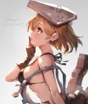  1girl bare_shoulders bikini blonde_hair brown_eyes djeeta_(granblue_fantasy) from_side gloves granblue_fantasy highres looking_up mask mask_on_head mechanic_(granblue_fantasy) overalls oyu_(sijimisizimi) short_hair solo swimsuit thinking welding_mask 