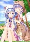  2girls :d :o ^_^ animal_hat animal_hood arm_garter bangs bare_shoulders bear_hood bird blue_bow blue_eyes blue_hair blunt_bangs blush blush_stickers bow braid bunny_hood clenched_hands closed_eyes clouds convenient_leg crossover day dress eyebrows_visible_through_hair gochuumon_wa_usagi_desu_ka? hair_ornament hands_on_another&#039;s_shoulders hat highres hood kafuu_chino kirara_fantasia kneeling knees_together_feet_apart lens_flare long_hair looking_at_viewer low_twintails multiple_girls new_game! on_ground open_mouth outdoors path plant purple_hair red_bow road sitting sky smile sparkle suzukaze_aoba tree twin_braids twintails very_long_hair water x_hair_ornament zenon_(for_achieve) 