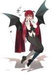  1girl artist_name bangs black_footwear black_skirt black_wings demon_tail demon_wings full_body hands_on_own_cheeks hands_on_own_face hands_up head_wings highres koakuma long_hair long_skirt looking_at_viewer namauni necktie pantyhose red_eyes red_neckwear red_scarf redhead scarf shadow shoes simple_background skirt skirt_set smile solo tail touhou vest white_background wings 