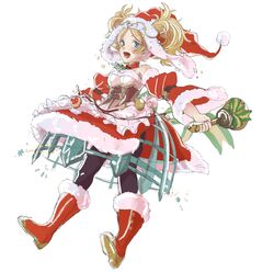  1girl blonde_hair blue_eyes blush boots dress earrings fire_emblem fire_emblem:_kakusei full_body gloves hair_ornament highres jewelry liz_(fire_emblem) long_hair misokatsuhaumai open_mouth pantyhose santa_costume short_twintails simple_background smile solo twintails white_background 