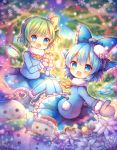  2girls :d bangs bell blue_bow blue_coat blue_eyes blue_hair blue_mittens blue_skirt blurry blurry_background blush bow box christmas_ornaments christmas_tree cirno coat commentary_request daiyousei depth_of_field detached_wings eyebrows_visible_through_hair fairy_wings flower frilled_bow frilled_skirt frills fur-trimmed_sleeves fur_collar fur_trim gift gift_box green_hair hair_between_eyes hair_bow holding holding_gift ice ice_wings long_sleeves mittens multiple_girls one_side_up open_mouth pjrmhm_coa short_hair skirt smile snowflakes snowman touhou white_flower wings yellow_bow 