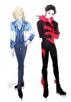  2017 2boys anne_(annene) black_hair blonde_hair bodysuit brown_eyes cosplay costume_switch cravat crossed_arms dated green_eyes hand_on_hip ice_skates jacket male_focus multiple_boys otabek_altin signature skates smile yuri!!!_on_ice yuri_plisetsky 