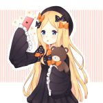  1girl abigail_williams_(fate/grand_order) bangs black_bow black_dress black_hat blonde_hair blue_eyes bow cellphone commentary_request dress fate/grand_order fate_(series) hair_bow hat highres holding holding_cellphone holding_phone light_(luxiao_deng) long_hair long_sleeves looking_at_viewer object_hug orange_bow parted_bangs phone polka_dot polka_dot_bow self_shot sleeves_past_wrists smartphone solo sparkle striped stuffed_animal stuffed_toy teddy_bear vertical-striped_background vertical_stripes very_long_hair 