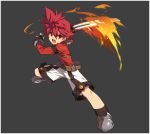  1boy angry belt elsword elsword_(character) fingerless_gloves gloves grey_background knight_(elsword) official_art open_mouth pauldrons red_eyes redhead ress shorts spiky_hair sword turtleneck weapon 