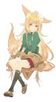 1girl animal_ears bangs black_legwear blonde_hair brown_footwear brown_jacket closed_mouth commentary_request copyright_request ear_down fox_ears fox_girl fox_tail green_sweater hair_between_eyes invisible_chair jacket koyoi_mitsuki long_hair looking_at_viewer off_shoulder pink_eyes pleated_skirt red_skirt shoes simple_background sitting skirt smile socks solo tail white_background 